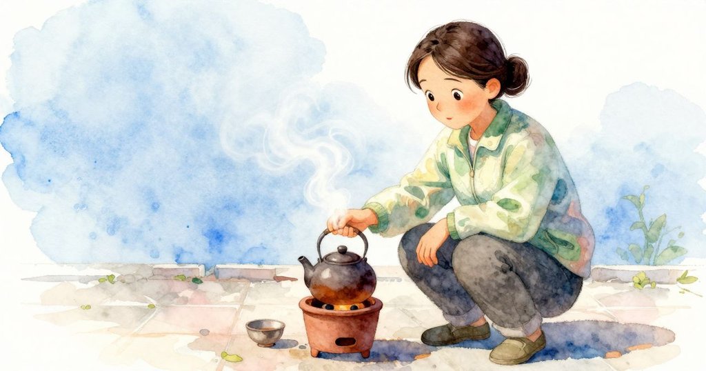 塔蒂婭蹲在露台旁，低火爐邊的陶壺冒著溫柔蒸氣，露台濕潤木板和柔和光線中流露專注情緒