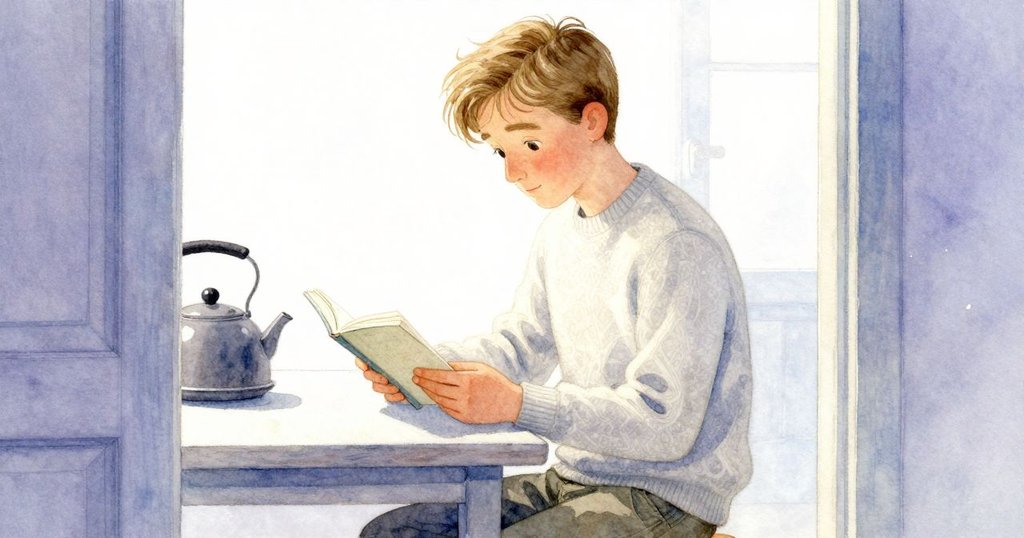里斯透過半開門縫靜靜翻閱書冊，背景中茶壺輕輕顫動，內室光影柔和展現沉穩專注