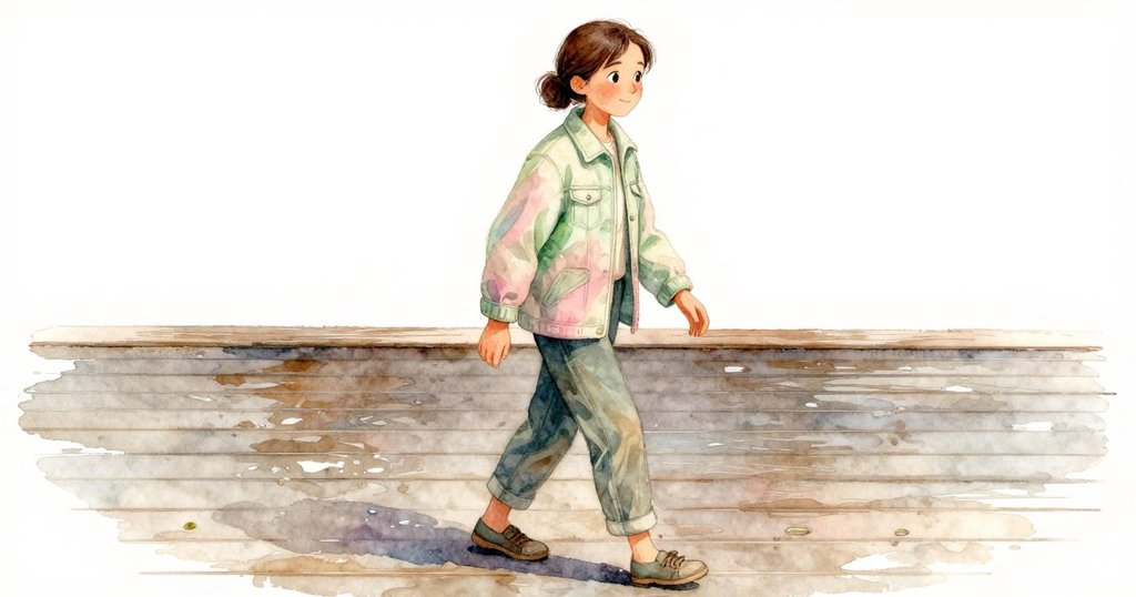 塔蒂婭換上外套踏出室內，步入濕潤露台，木板痕跡和清新室外光線中展現自信步伐