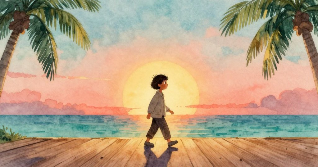 萊爾在黃昏中走過木製平台，身影和溫暖夕陽映襯，展現期待與回憶的情感。