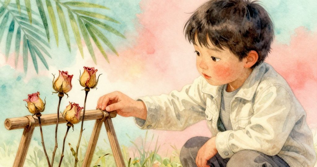 萊爾小心放下鼓棒，近距拍攝顯示乾枯玫瑰花苞夾在木架中，細膩呈現沉思與記憶細節。