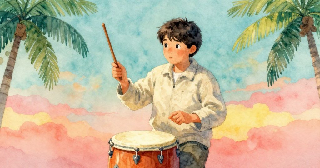 萊爾停下鼓棒，神情凝重思索，鼓面與木雕交相輝映，展現出決斷與內心掙扎的瞬間。