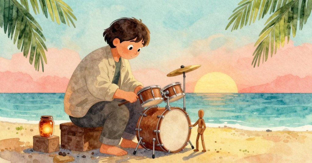 萊爾整頓舞台，將木雕立起、鼓棒歸位，樹脂罐映出柔和琥珀光，畫面呈現寧靜終章與內心平和。