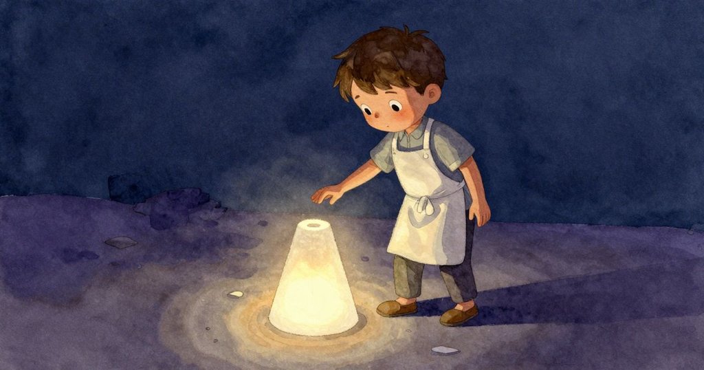 伊夫在灰灑地面上檢查窯內淡橙色火苗，神情專注，背景是溫暖工作坊，展現平靜開始。