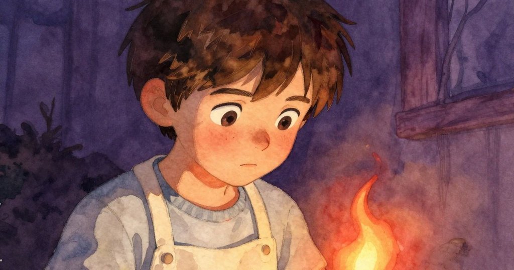 伊夫緊盯著模糊火苗，眼神專注，面部表情細膩，呈現對不尋常火焰的疑惑和期待。