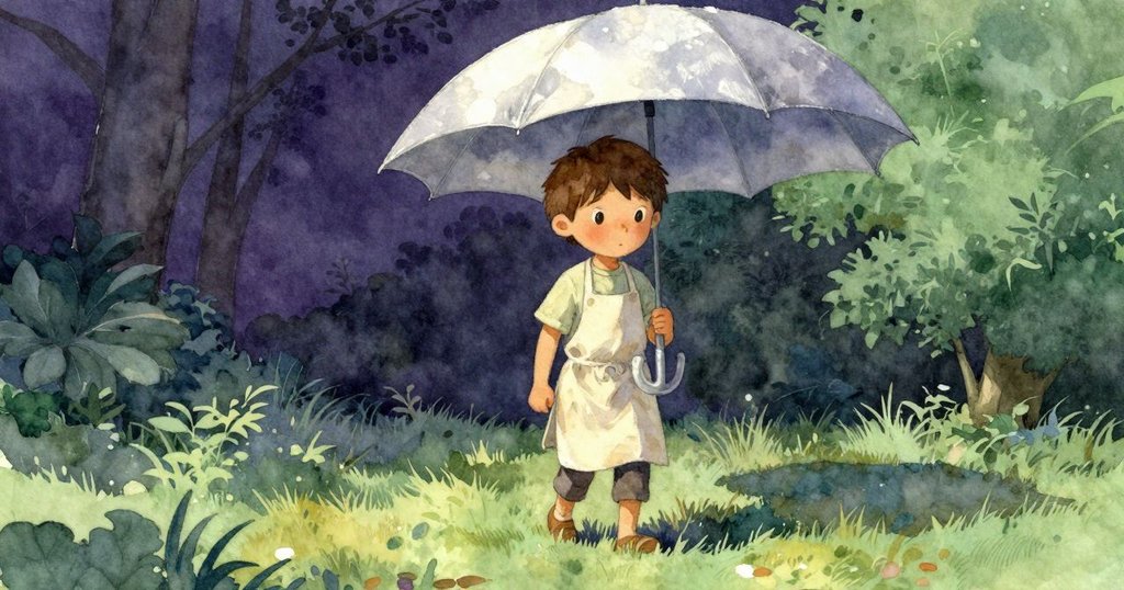 伊夫在柚木立柱間低下身子穿過大陰棚，持平板火錘，神情沉思，過渡空間流露寧靜與期待。