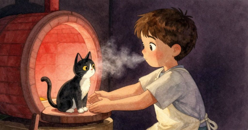 伊夫與一隻小貓在窯旁共同靜默，感受暖流升起，彼此動作同步，場景充滿驚喜與魔幻氣息。