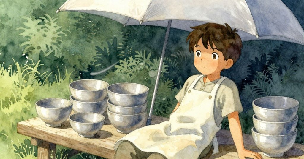 伊夫在盆器架邊靠坐長凳，盤子輕搖，風吹陰棚輕漾，窯內敲擊伴隨日落氛圍，結束一天寧靜。