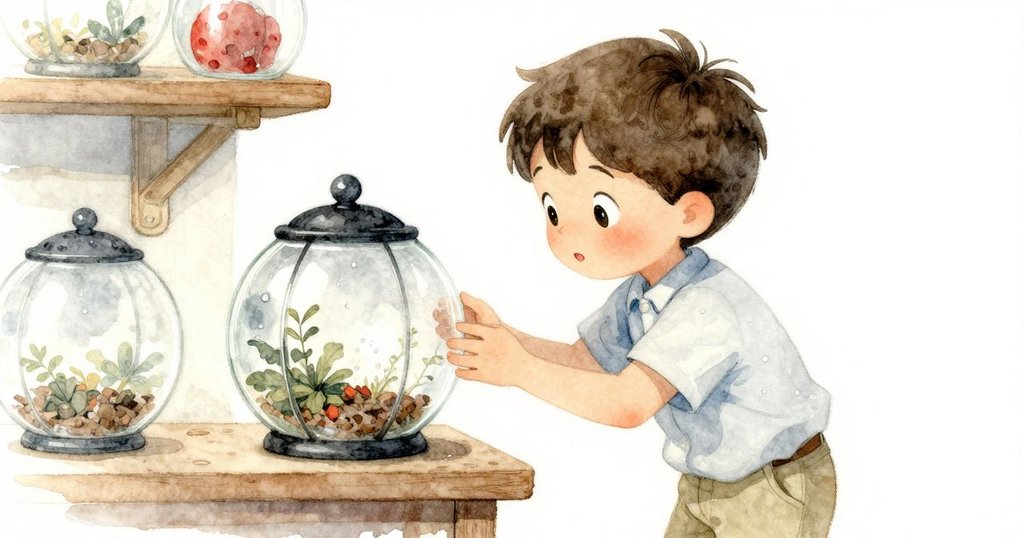 Max專注地檢查玻璃生態瓶,觀察內部閃爍水珠與火山礫石,動作細膩好奇,場景充滿溫暖室內光線