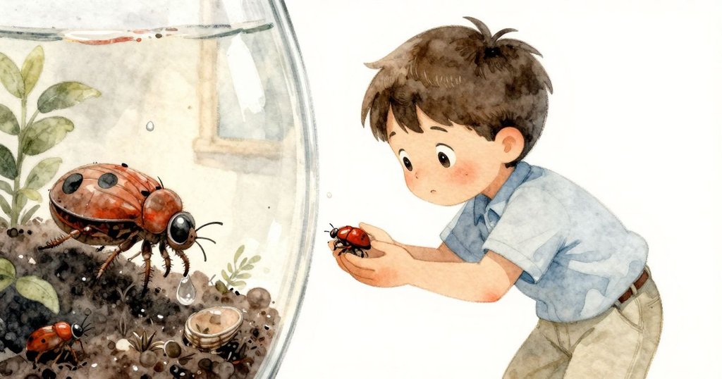 Max在背景靜靜觀察,玻璃生態瓶內水珠凝聚,分割畫面呈現精緻昆蟲甲殼與滴水細節,氛圍奇妙