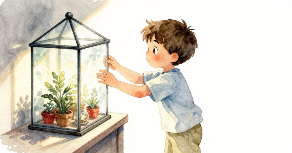 Max將生態瓶輕巧移入明亮光柱區域,光影交錯中呈現物品動態變化,表情專注穩重