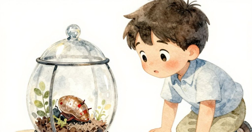 Max臉上滿是驚奇,靠近生態瓶仔細觀察閃光昆蟲甲殼,細節精緻,情緒充滿好奇與欣喜