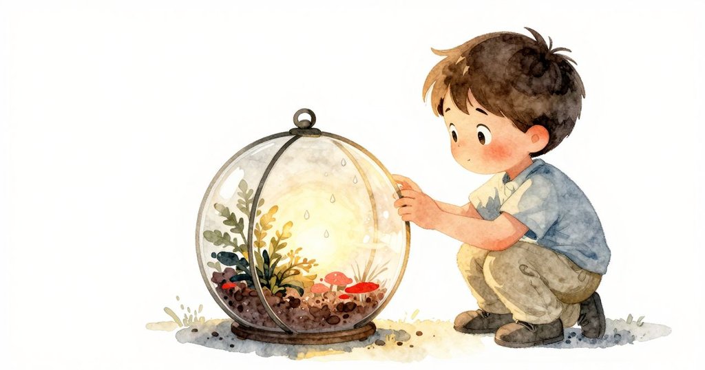 Max在夕陽金光中欣賞生態瓶新生水珠,臉上洋溢溫柔滿足,室內充滿暖色調與和諧氛圍