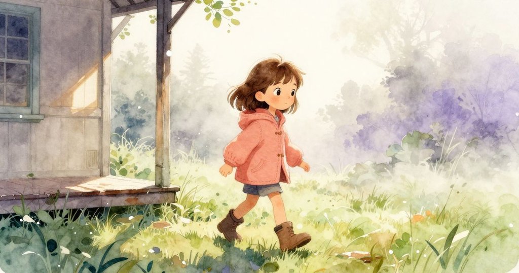 Shea 穿著連帽外套，踏出老門廊，濕潤草地映襯著清晨薄霧，展現專注與平靜，故事開端開始展現。