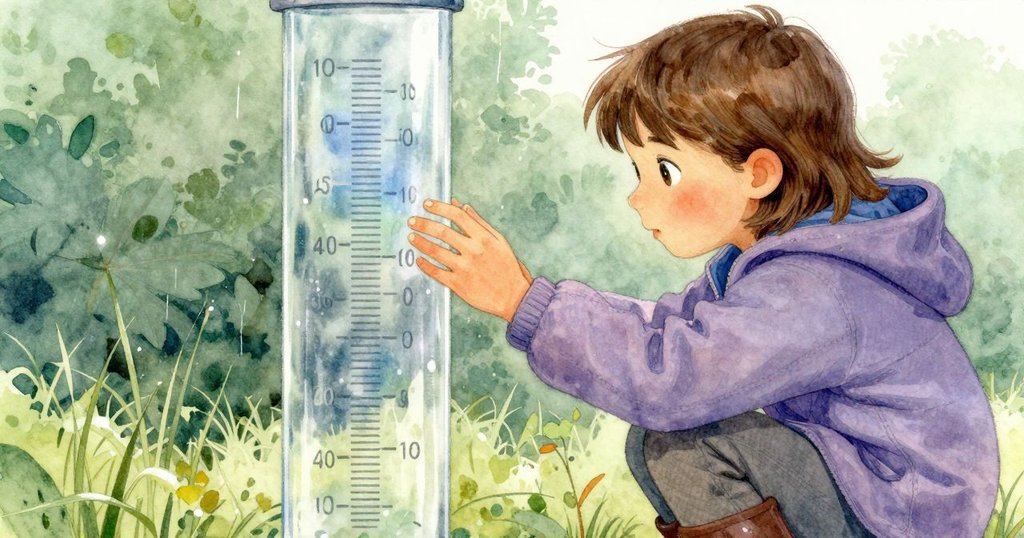 Shea 仔細觸摸玻璃雨量計，近距離觀察雨後刻痕和水位，充滿專注與堅定，展現學習細節。