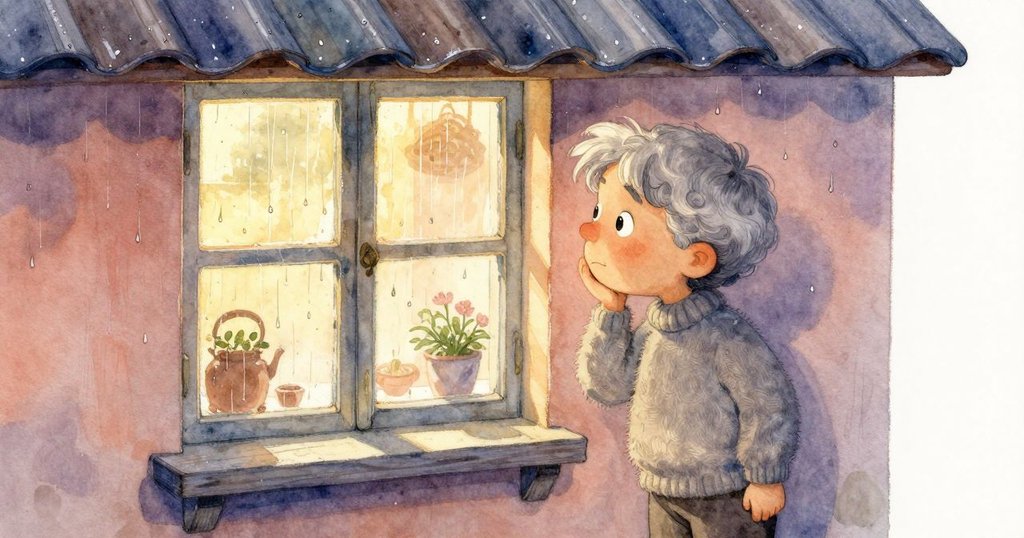 Rafael 從溫馨廚房窗邊凝望雨滴擊打鐵皮屋頂，臉上流露深思與淡然，氛圍溫暖與冷雨交錯。