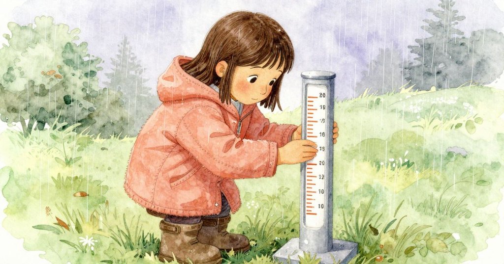 Shea 俯身調整雨量計，專注臉龐顯現出細膩滿足，金屬氣息與雨點交織，情感層次豐富。