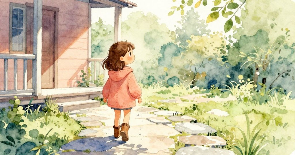 Shea 踏著濕潤石徑返回門廊，背影充滿決心與期待，雨滴與泥土細節豐富，故事邁向新篇章。