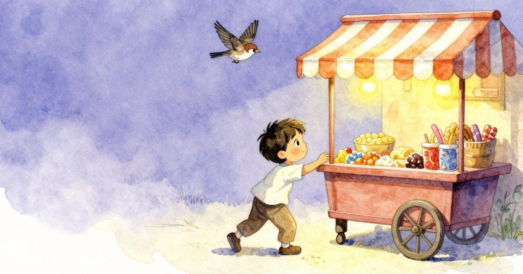 凱恩走向糖果車，麻雀掠過彩條雨蓬，暮光紫色燈光映照街道，氣氛溫暖充滿期待。