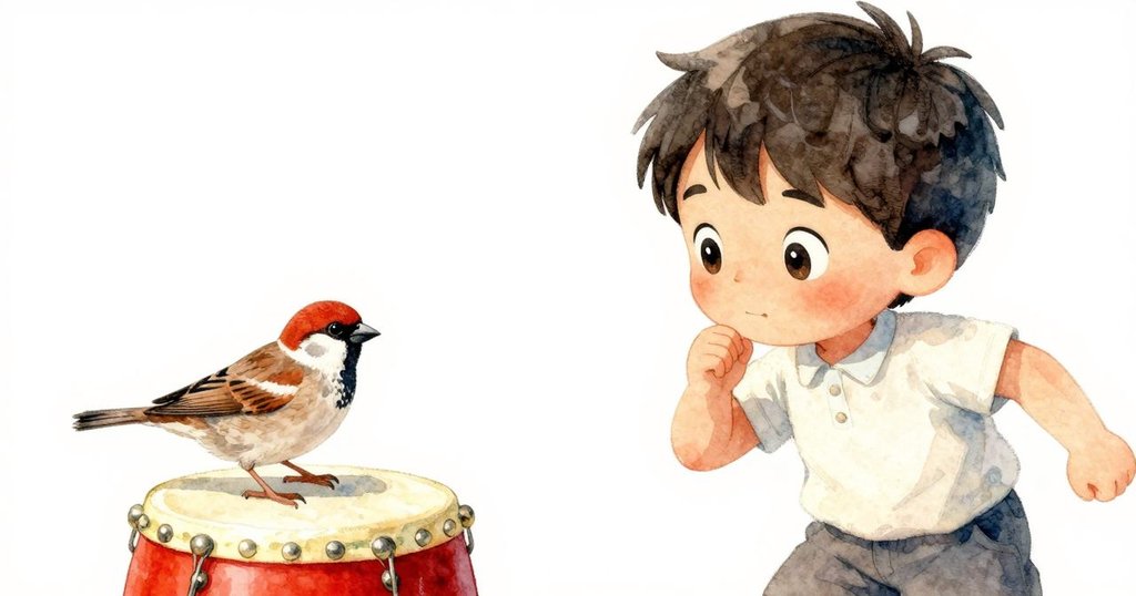 凱恩凝視停在糖鼓邊的麻雀，臉上露出溫柔驚喜，特寫捕捉情感細膩，背景光線柔和。