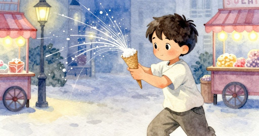 凱恩專注旋轉甜錐，糖絲隨風漂浮，前景手部細節鮮明，背景燈光柔和營造豐富層次。