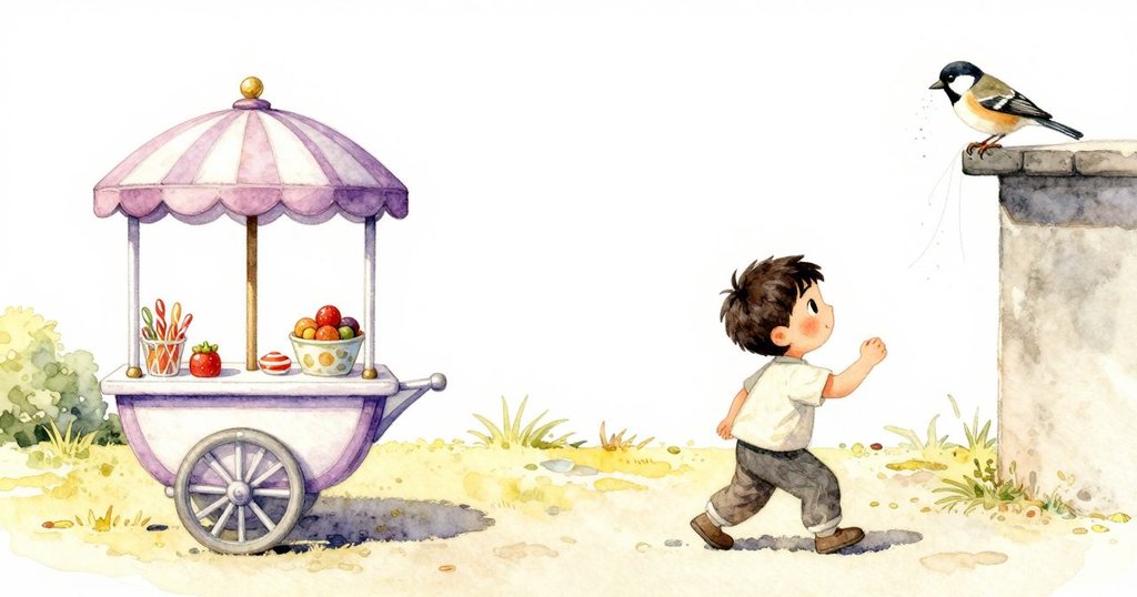 畫面一分為二，一邊凱恩操作甜錐於糖果車前，一邊麻雀在屋簷間精心築巢，情境溫馨奇幻。