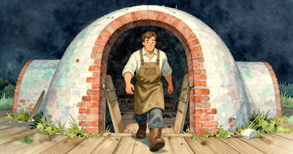 奧斯溫踏入窯房，木板上微妙灰塵旋渦顯現探索情緒，室內牆體散發溫暖光芒。