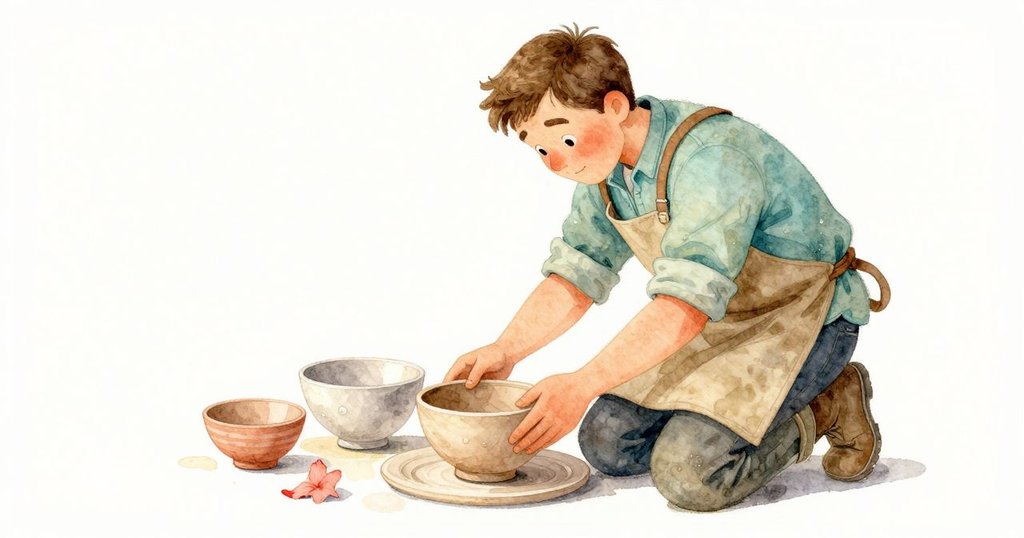 奧斯溫專注觀察排列整齊的生胚瓷器與旁邊捲曲的花瓣，神秘氣氛在柔和光線中顯現。