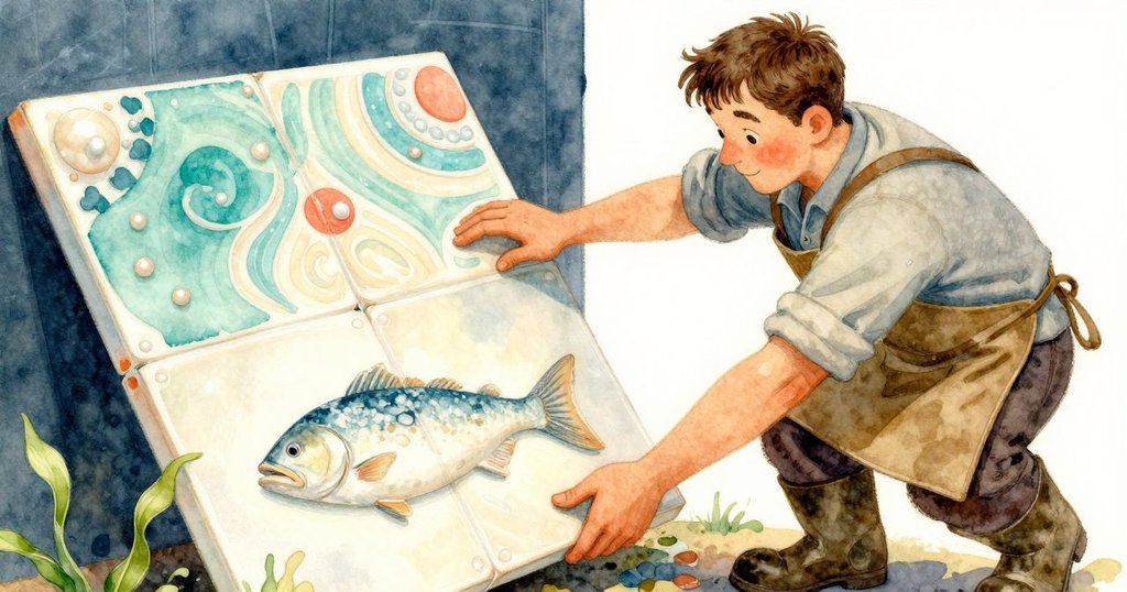 奧斯溫專注舉起刻有漁夫紋理的瓷磚，雙手仔細擺放細小碎片，火光柔和映照出細節。