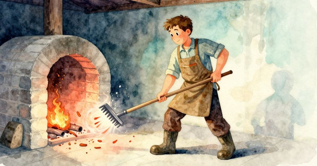 奧斯溫熟練操作工具撥弄飛舞餘燼，火光與灰塵旋轉交織，動態瞬間充滿活力。