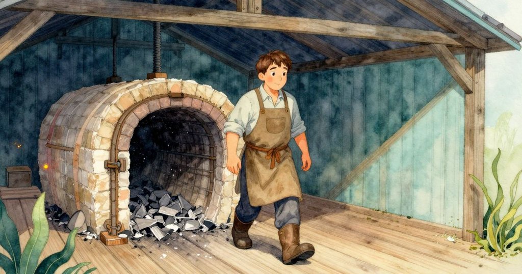 奧斯溫站在窯房門口退步，木板上聚滿細緻灰塵，臉上流露著驚奇與溫柔告別之情。