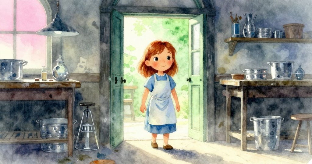 Flora走入晨霧彌漫的工作室，伸手觸碰金屬托盤，神情充滿期待與柔和光線映襯室內細節