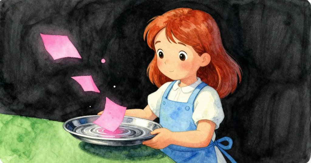 Flora輕觸金屬邊緣，用紙張在液面上拖動，傾斜視角呈現漣漪細節，動作細膩而專注