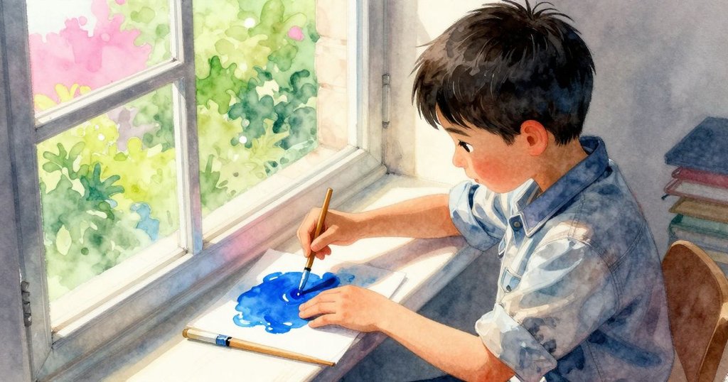 Rafael站在窗邊調色，透過大窗自然光線映襯，厚藍顏料在搖動棍子中活躍，室內外景色交相輝映