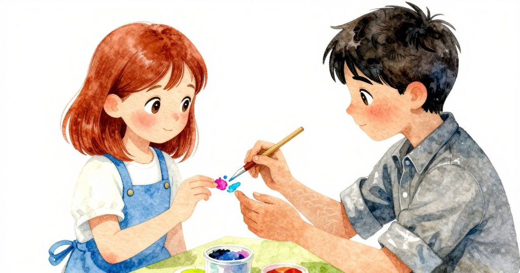 Flora輕滴水調藍，Rafael協作持紙，兩人共同創造出藍黃交融的鋸齒圖案，動作協同充滿藝術氣息