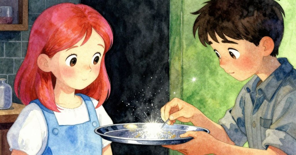 Flora與Rafael共同揭開畫紙，近距離展示托盤上如隱星般閃爍的一道細劃，象徵工作室中意外的美與勝利