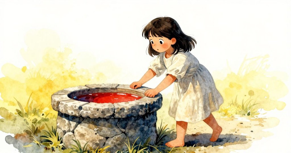 蘿比走向石槽旁的水缸，木框在陽光中閃爍，展現好奇與期待的情緒，開啟故事序章