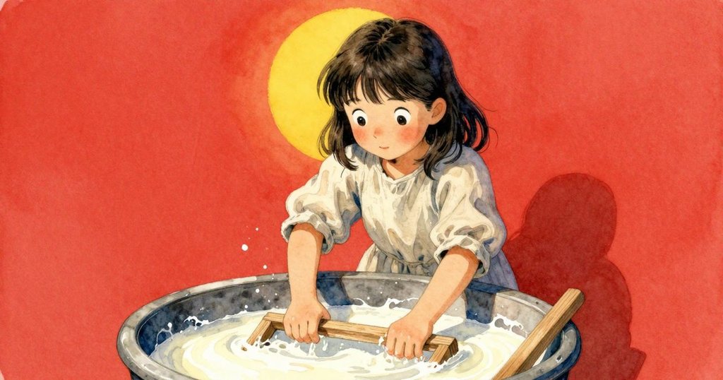 蘿比專注地將木框滑進充滿乳狀漿液的水缸，她的手和眼神散發著堅定，場景層次分明