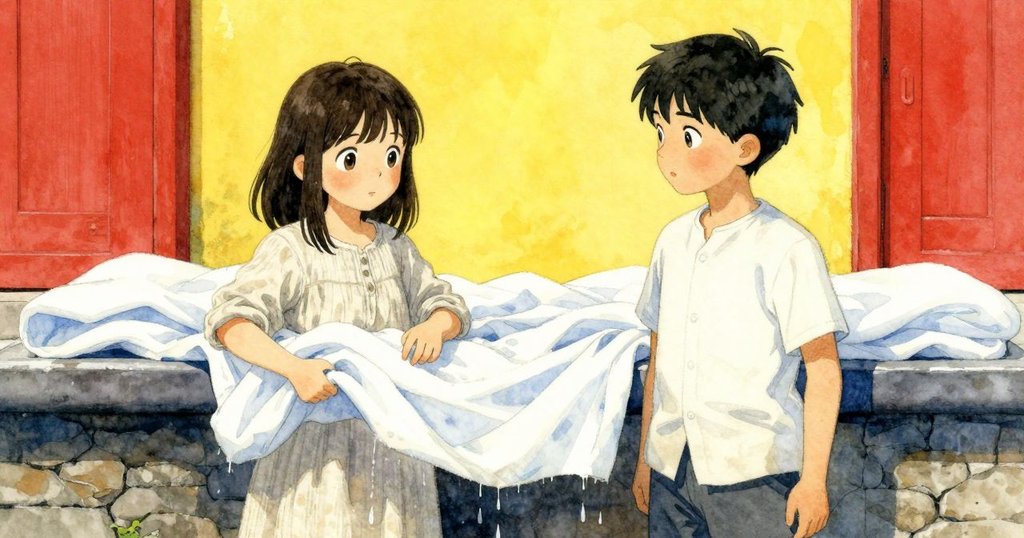 潮濕的布片在空中輕舞，水滴落在石製水槽中，營造出清冷而詩意的季節氛圍