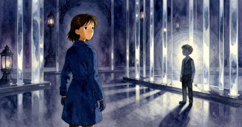 Juno站在燈籠室門口觀察Erik在旋轉棱鏡間移動，燈光與陰影交織出神秘且溫暖的氛圍