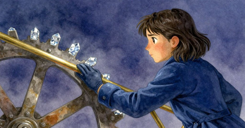 Juno從背後觀察齒輪，手套輕觸黃銅欄杆，發現細小鹽晶閃爍，神情充滿專注與好奇