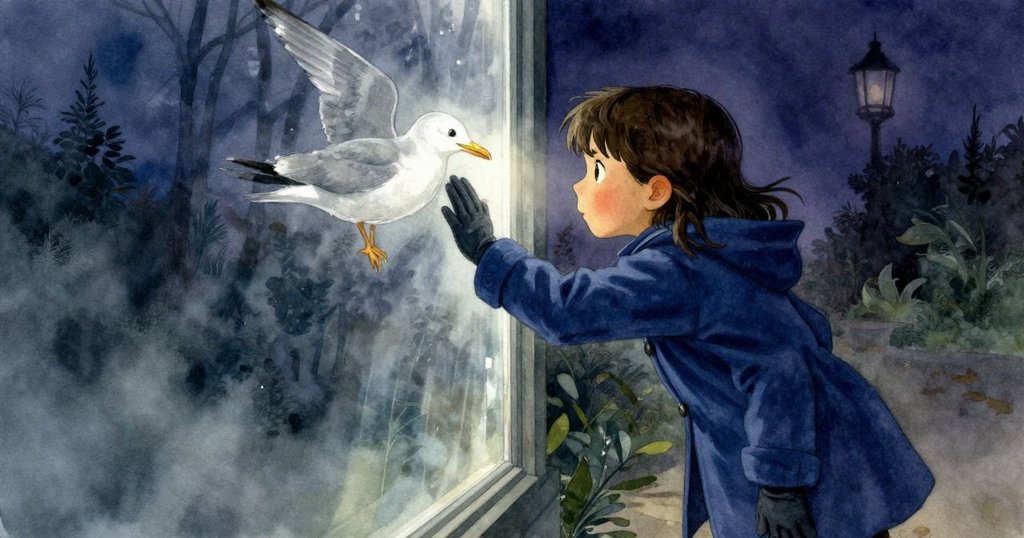 Juno站在燈籠室外，燈玻璃上海鷗輕敲，夜霧與遠處霧角聲營造出寧靜神秘的夜晚