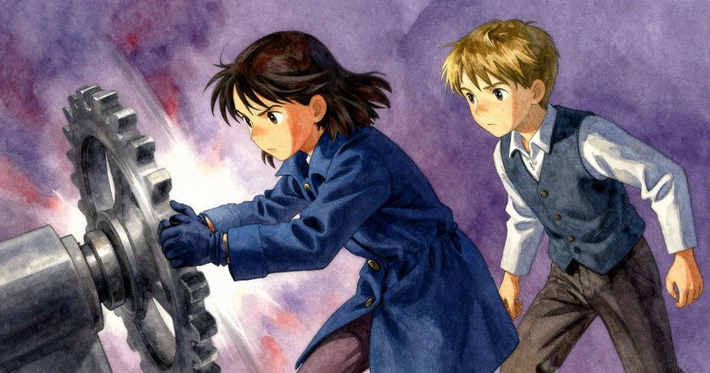 Erik停下牙刷動作，Juno凝視急轉齒輪，臉上流露緊張與專注，機械細節與動作增添懸念