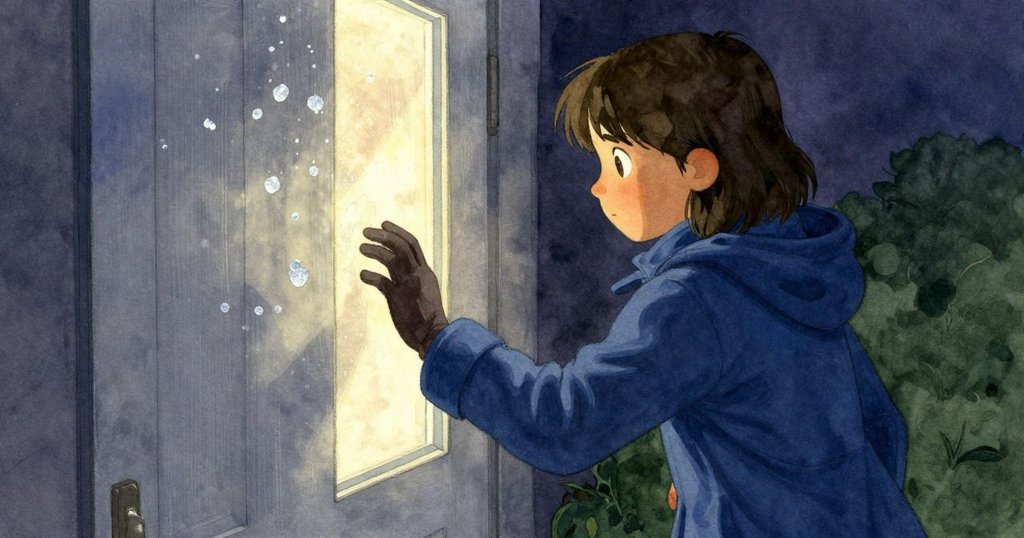 Juno輕觸發光門板，細小鹽晶閃爍映出溫暖光芒，象徵機械恢復和諧，畫面充滿寧靜與安心