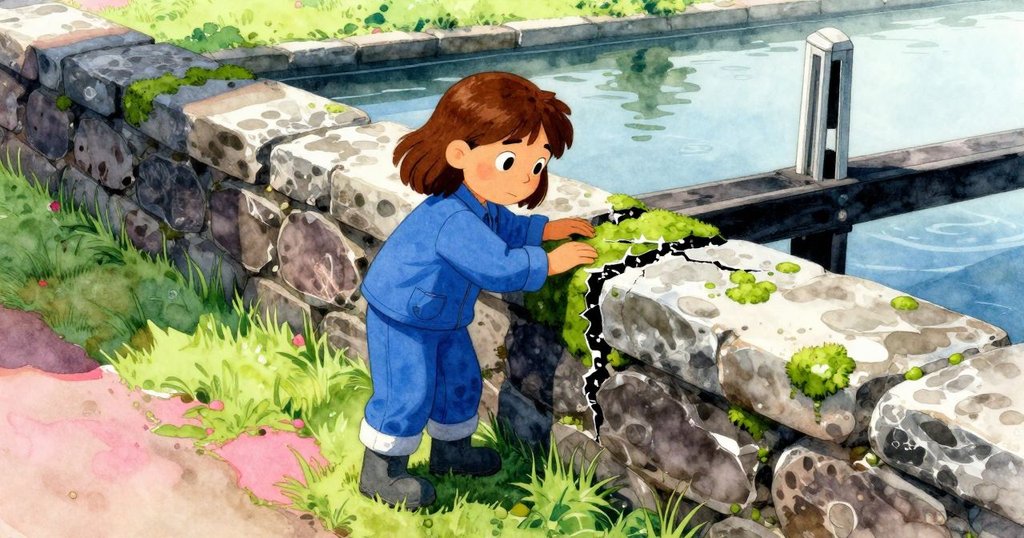 Celina站在石牆邊測量改變的苔蘚，背景有運動的水流和明暗對比，神情充滿好奇與專注