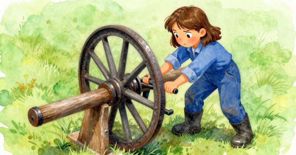 從高處俯視，Celina用力推動生鏽絞盤，木頭膨脹擋住齒輪，表情堅定充滿吃力與緊張