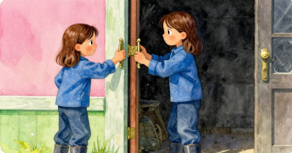 Celina在小屋內拋光黃銅合頁，門輕輕擺動映出戶外運河光影，內外景象形成奇妙對比，表情專注