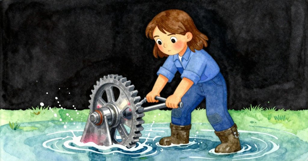 Celina聚精會神調整輪柄，水位悄然上升衝擊門扇，機械聲響起，氣氛緊張而充滿期待