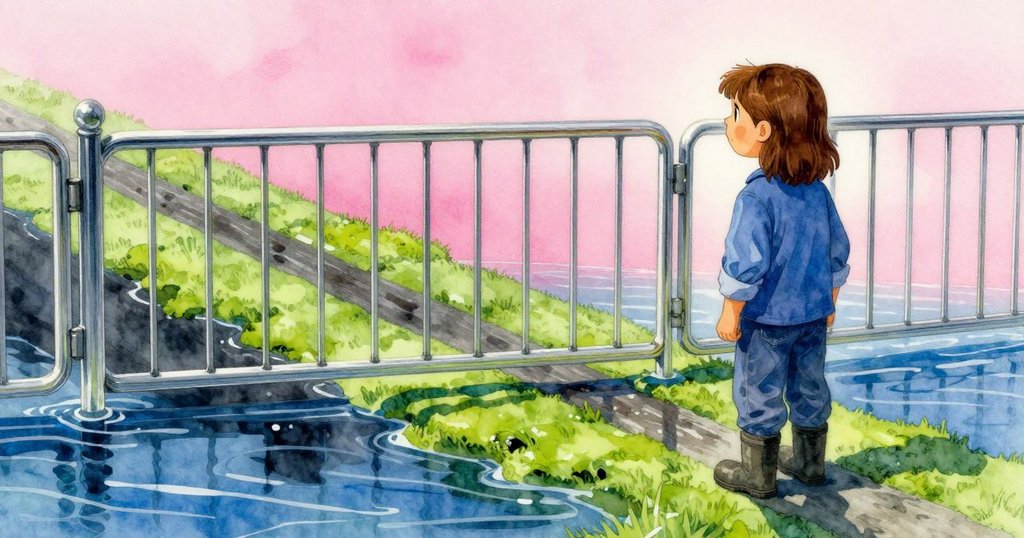 Celina凝視被淹沒的苔蘚絲帶，水面微漣映出光影，開放大門象徵轉變，整體氛圍柔和而深意悠長