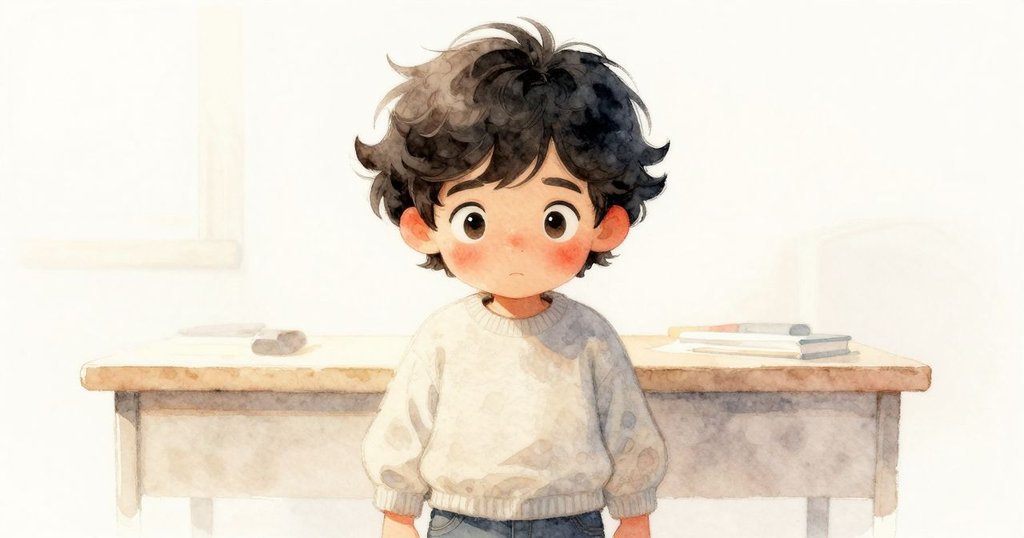 Shea的眼睛充滿驚訝與好奇，正凝視桌下傳來的微妙聲音，情感明顯，背景朦朧